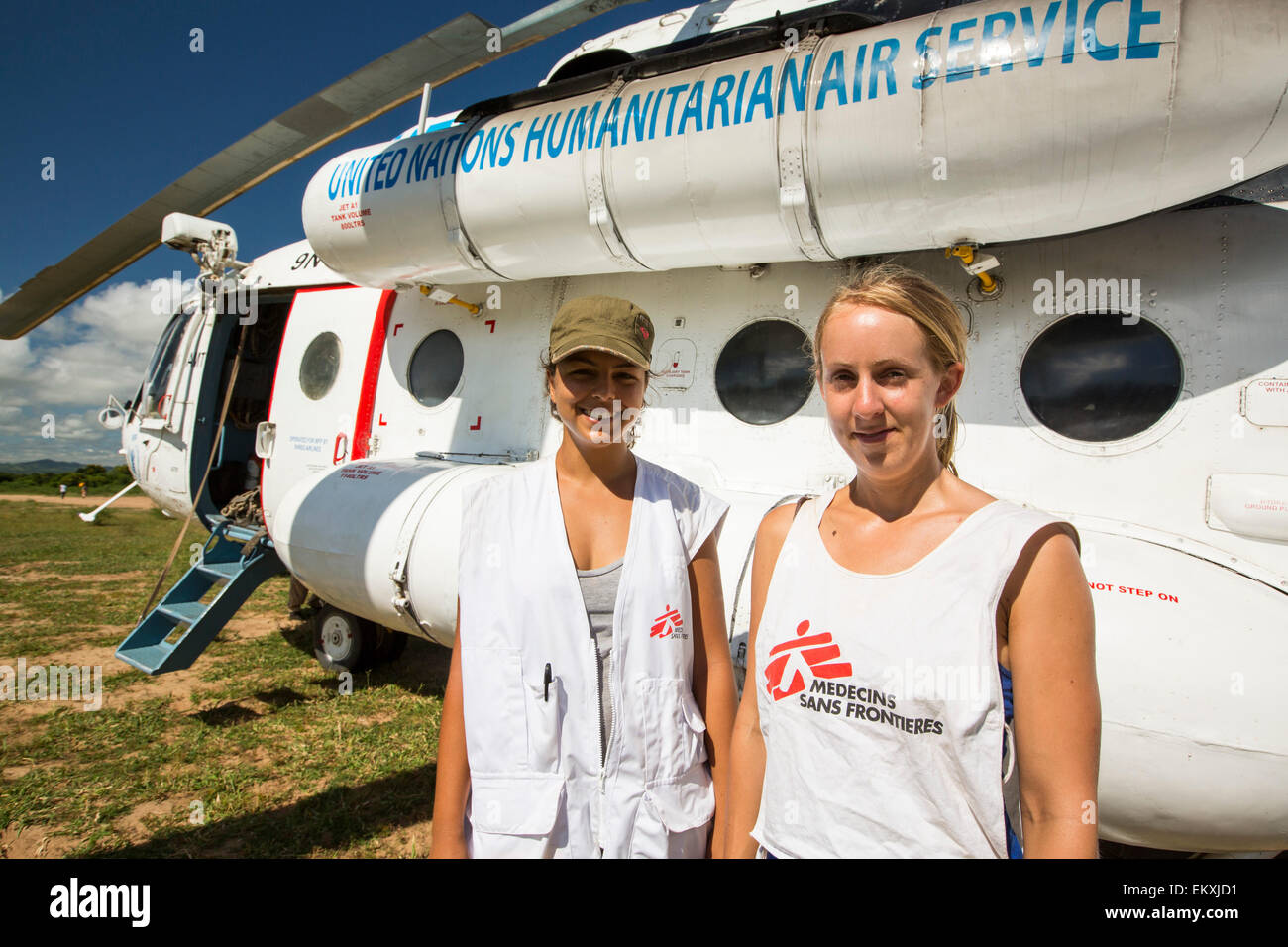 In mid January 2015, a three day period of excessive rain brought unprecedented floods to the small poor African country of Malawi. It displaced nearly quarter of a million people, devastated 64,000 hectares of land, and killed several hundred people. This shot shows A Russian Mi8 helicopter being used by the United Nations, World Food Program to deliver food aid and Medicin Sans Frontieres docotrs to areas still cut off by the flooding, around Bangula and Mkhanga. Stock Photo