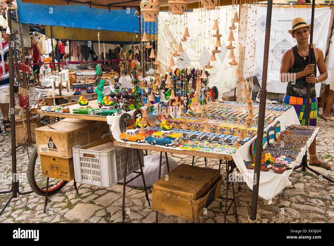 Cuba Trinidad cobbled street arts craft handicrafts market stall beads