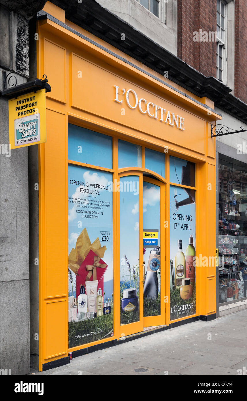 London, UK. 13th April, 2015. 'L'Occitane' shop Opening soon,  Kensington High Street, London; England; UK Credit:  Keith Erskine/Alamy Live News Stock Photo