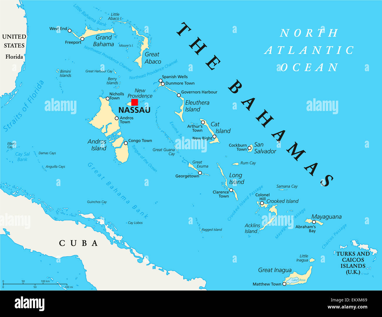 The Bahamas Political Map with capital Nassau, important cities and places. English labeling and scaling. Illustration. Stock Photo