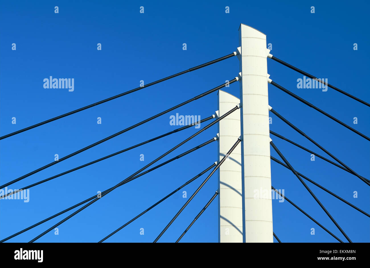 Pylons and steel cable-stayed bridge cables in Poznan Stock Photo