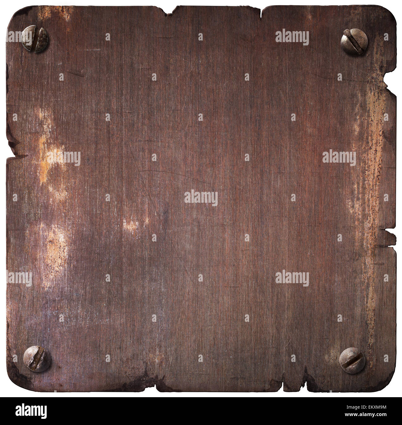 Rusty torn metal plate with bolts isolated Stock Photo