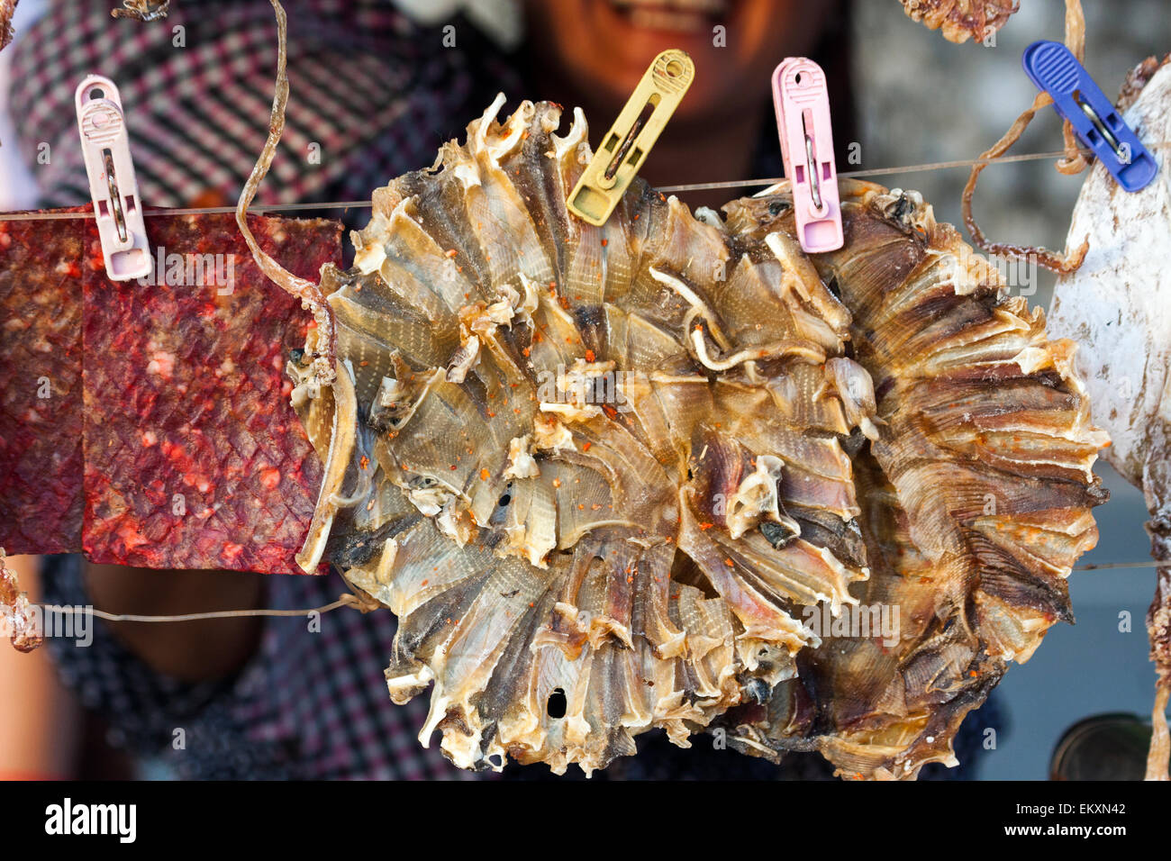 A woman selling dried fish on the street in Asia Stock Photo Alamy