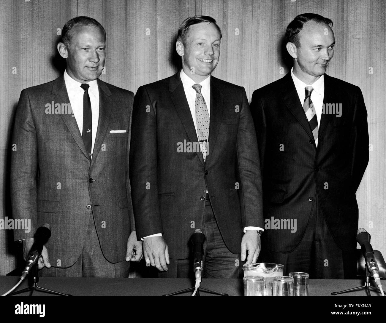 America's three Apollo 11 astronauts seen here at a press conference at the US Embassy in Grosvenor Square. Left to Right Edwin 'Buzz' Aldrin, Neil Armstrong and Michael Collins . 14th October 1969 Stock Photo