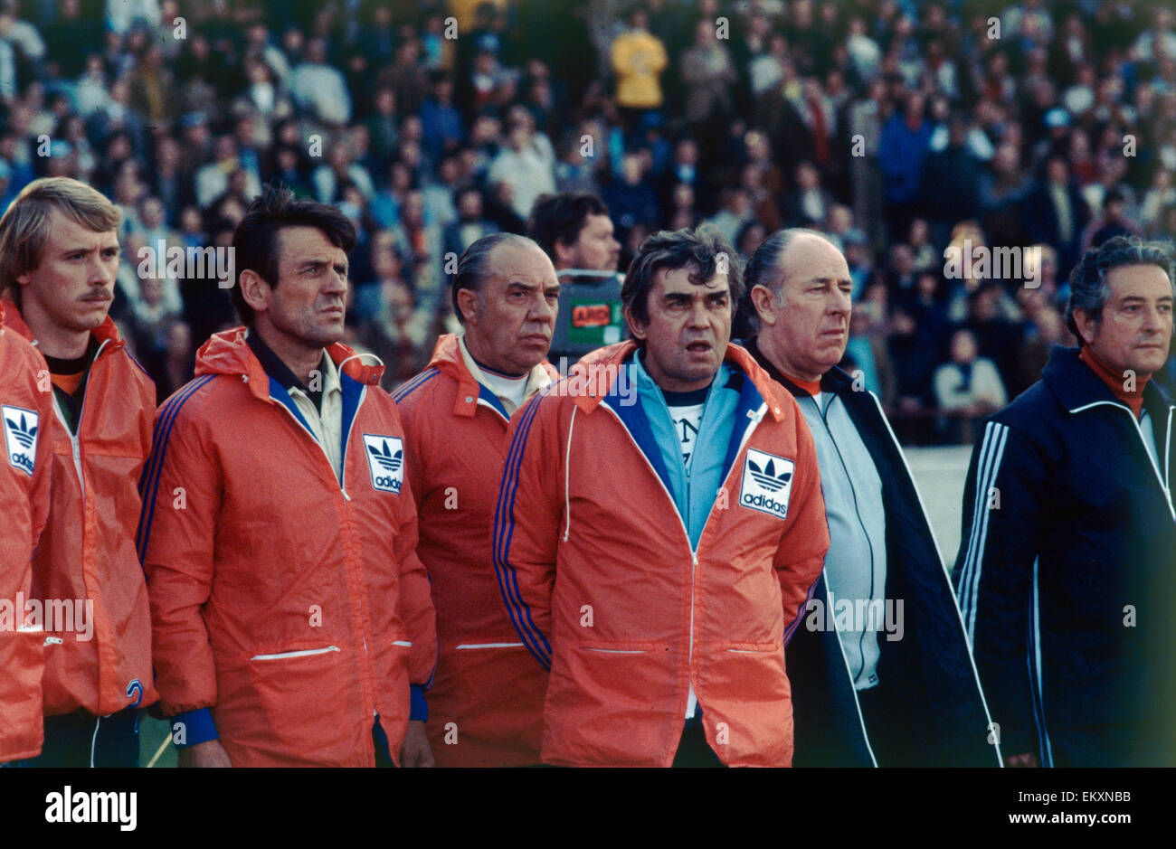 World Cup Second Round Group A match in Cordoba, Argentina. Holland 2 v West Germany 2. Dutch manager Ernst Happel watches from the sidelines (3rd from right). 18th June 1978. Stock Photo