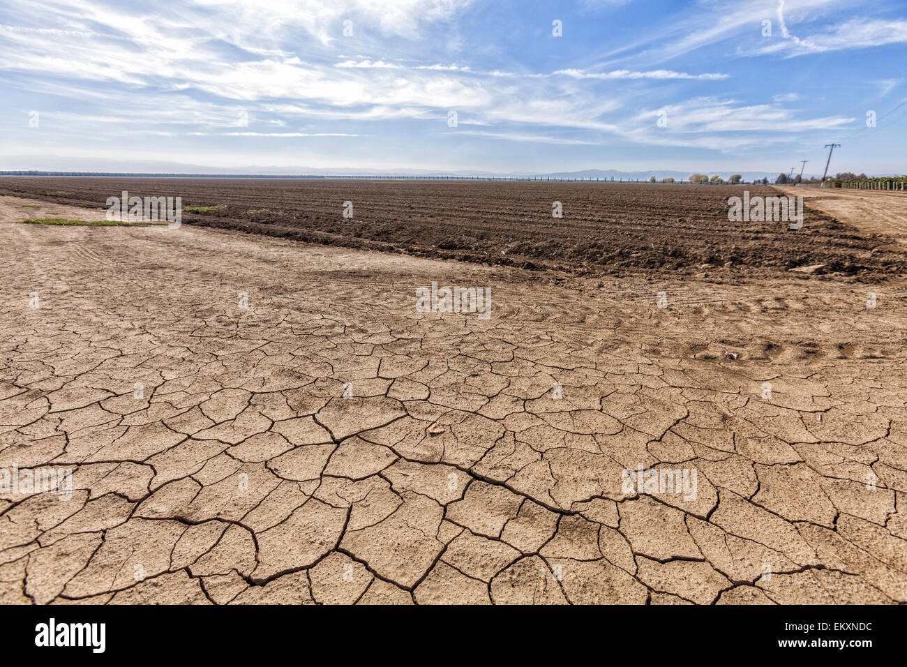 Cracked and dry earth next to fallow crop field. Fresno County, San Joachin Valley, California, USA Stock Photo