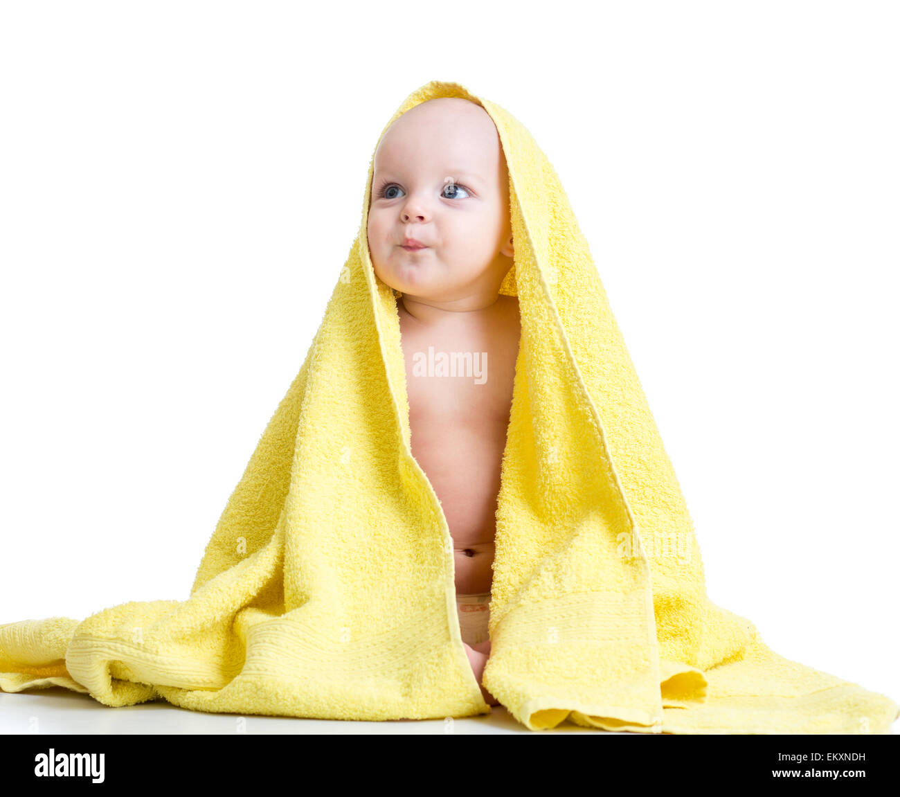 Adorable happy baby in towel Stock Photo