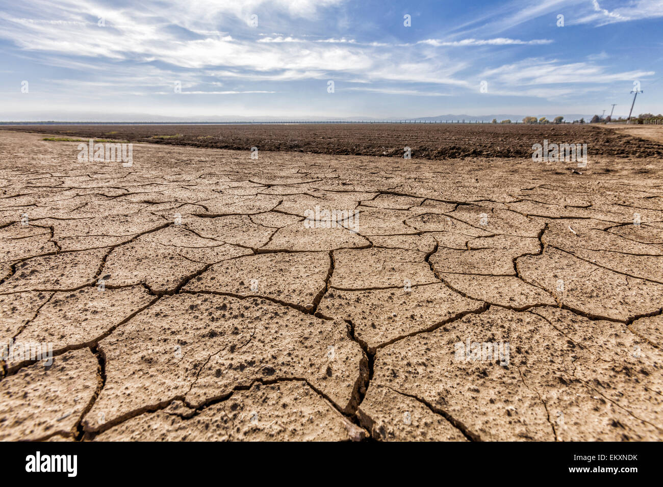 Cracked and dry earth next to fallow crop field. Fresno County, San Joachin Valley, California, USA Stock Photo