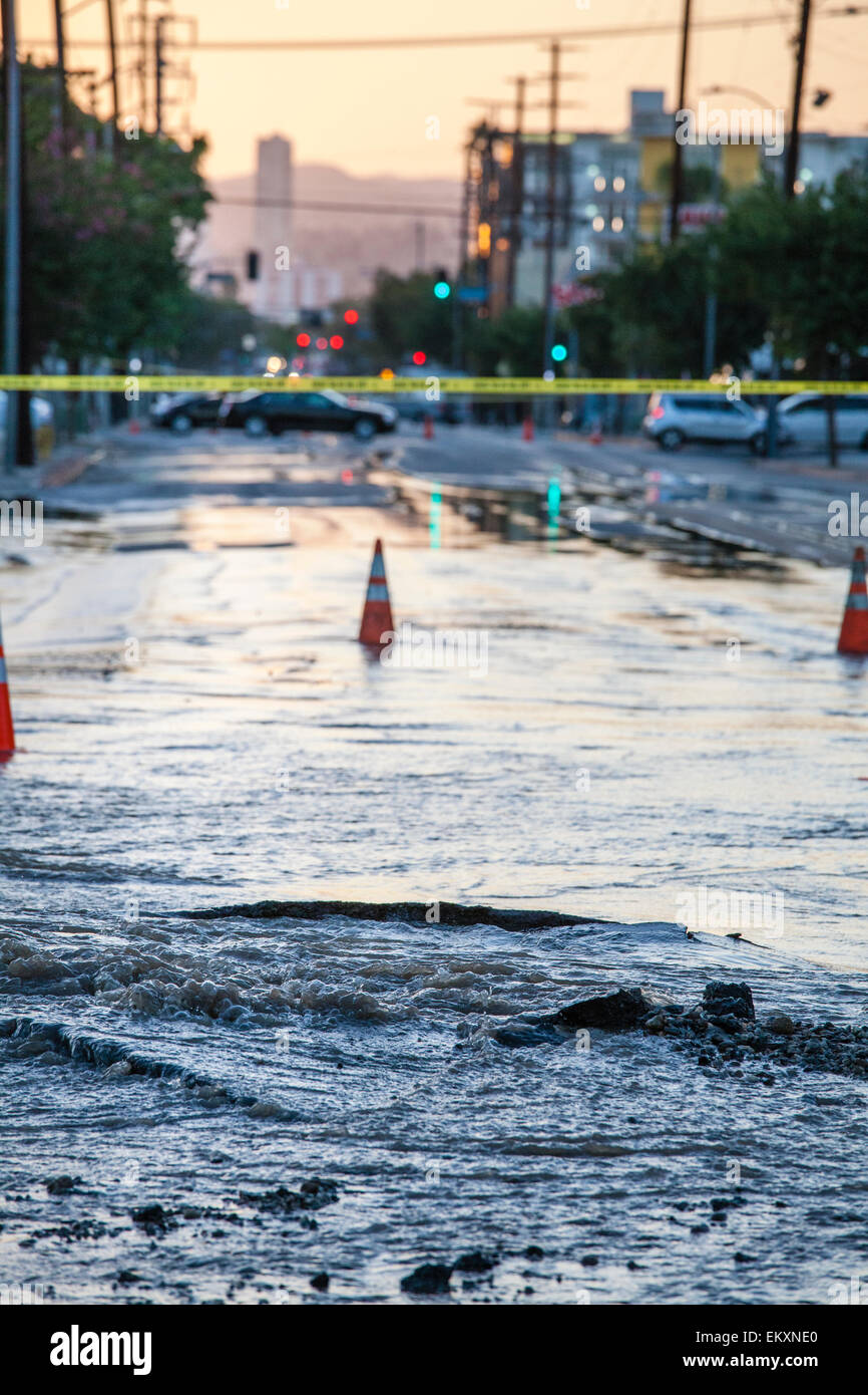 Water main break at Santa Monica Blvd. and HIghland in Hollywood on Oct 27, 2014. Stock Photo