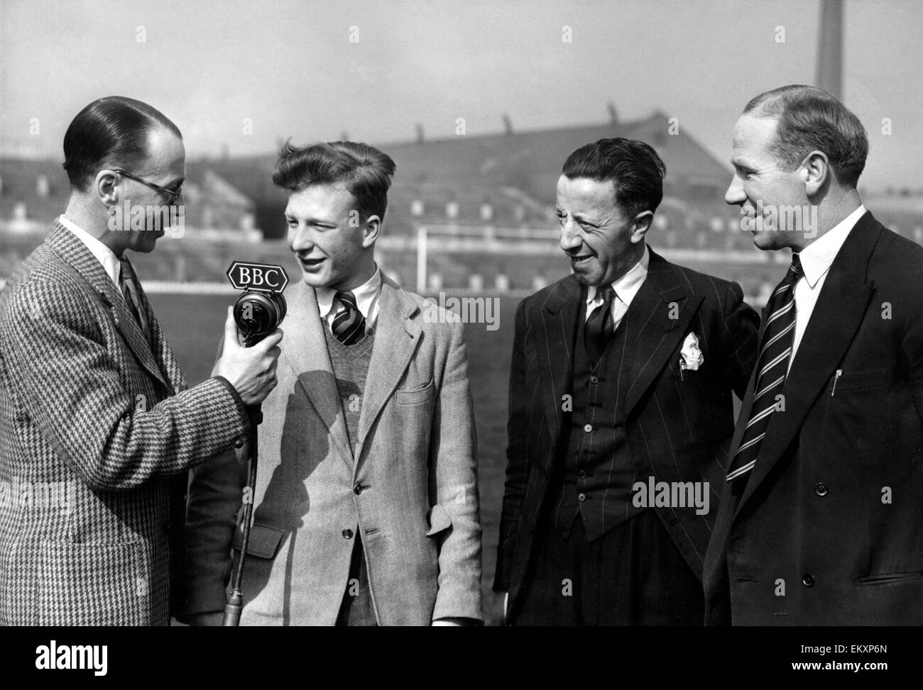 16 year old Jeff Whitefoot making a BBC recording at Old Trafford for Childrens Newsreel. 20th April 1950. Stock Photo