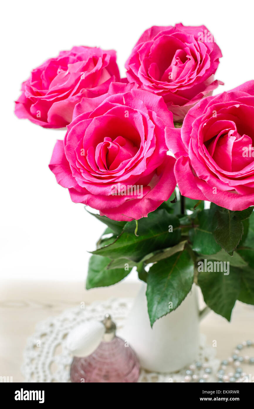Bouquet of beautiful pink roses on white background Stock Photo - Alamy
