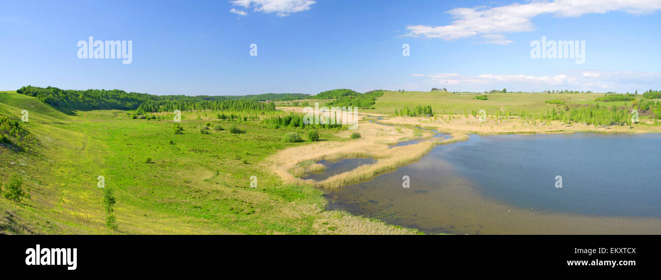 Panorama of beautiful green valley. Izborsk, Pskov region, Russia. Stock Photo