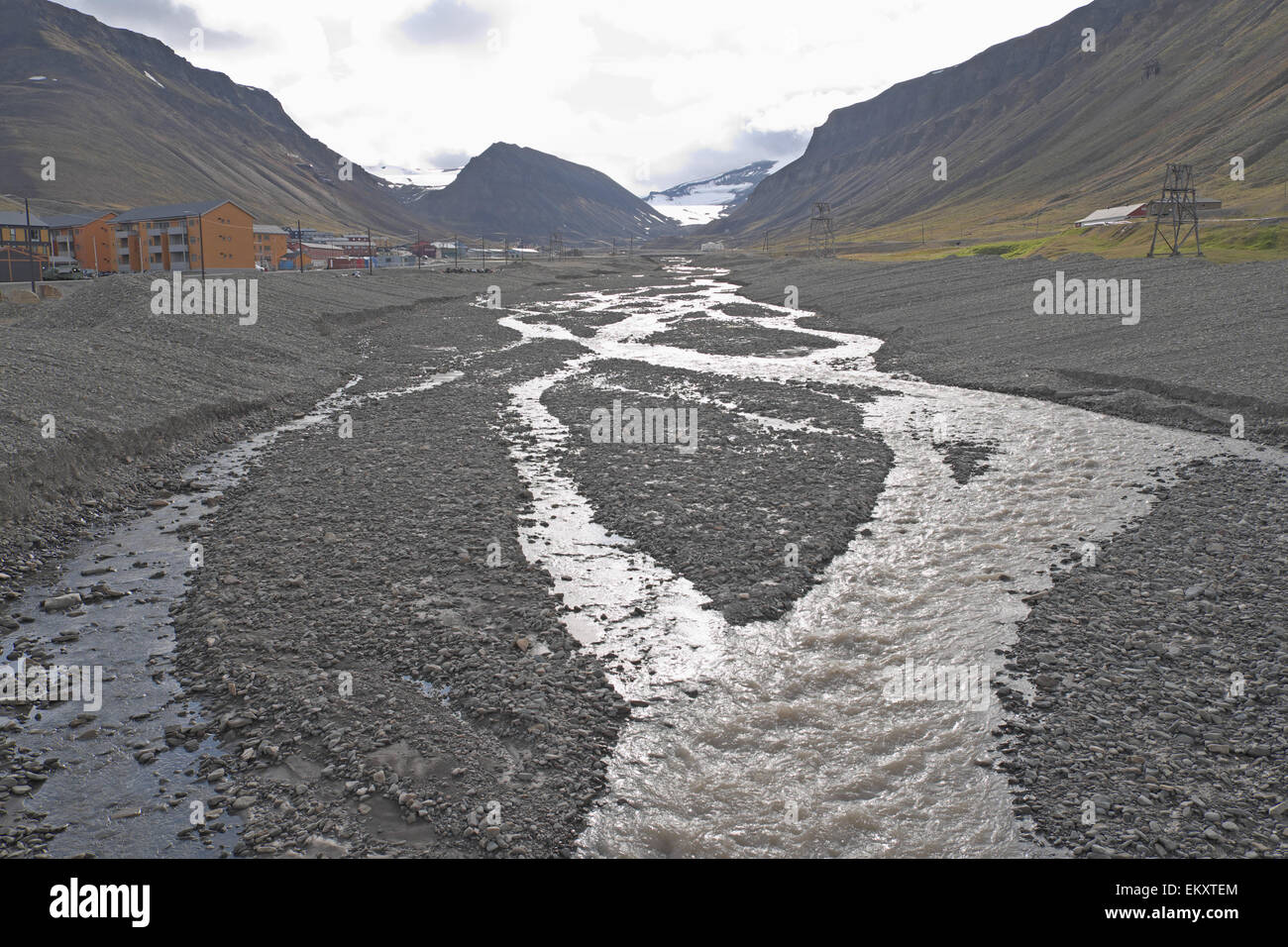 Braided river, summer, Longyearbyen, Adventdalen, Spitzbergen, Svalbard. Stock Photo