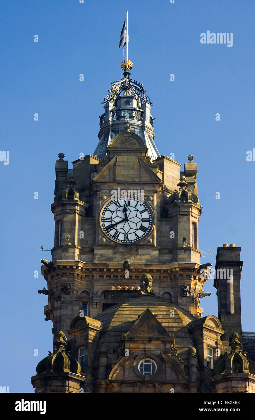 Tower of the Balmoral Hotel over blue sky, Edinburgh, Scotland Stock Photo