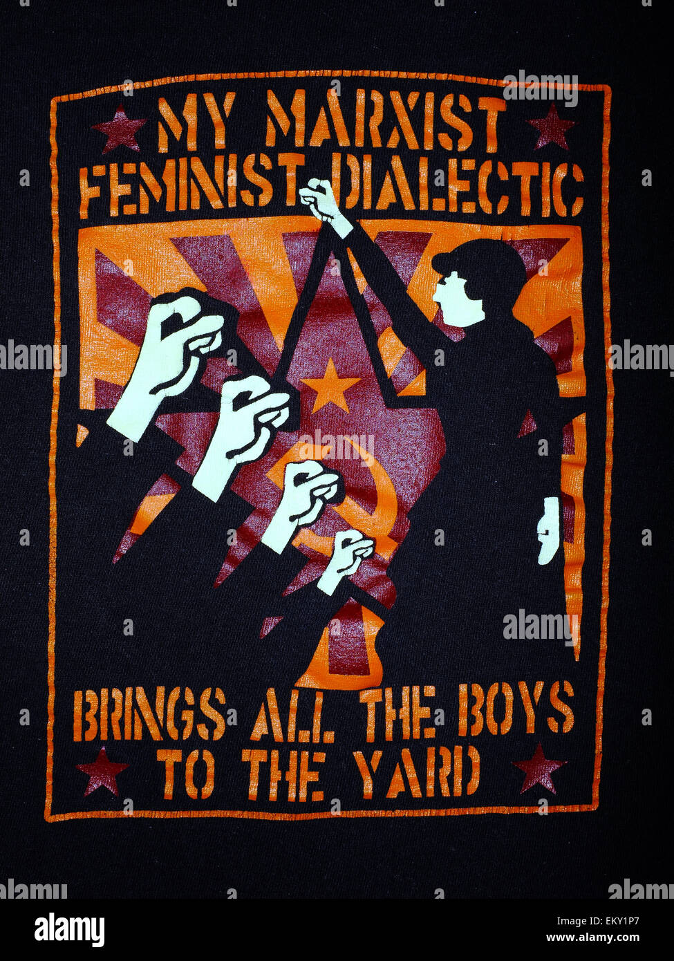 A Marxist Feminist graphic art design on the front of a top. Stock Photo