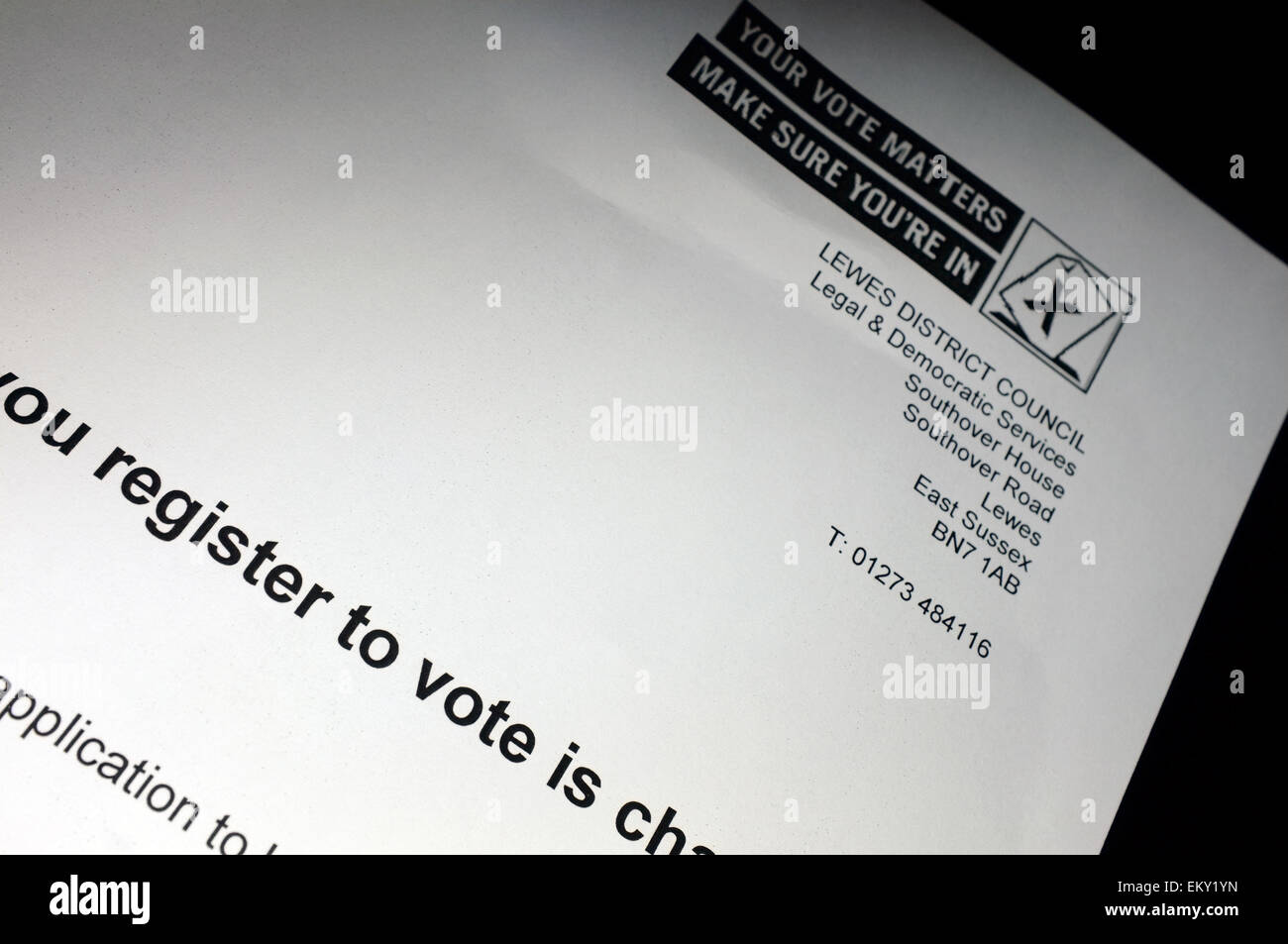 A UK voter registration form sent from Lewes District Council. Stock Photo