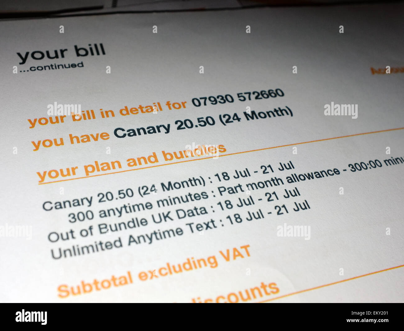 A monthly mobile phone bill from Orange Stock Photo Alamy