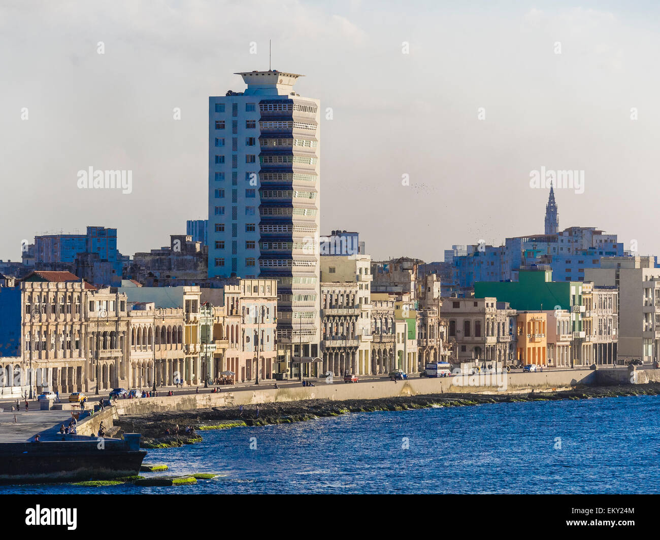 A view from across Havana Bay of the buildings along the Malecon on the waterfront of Havana Vieja, Cuba. Stock Photo