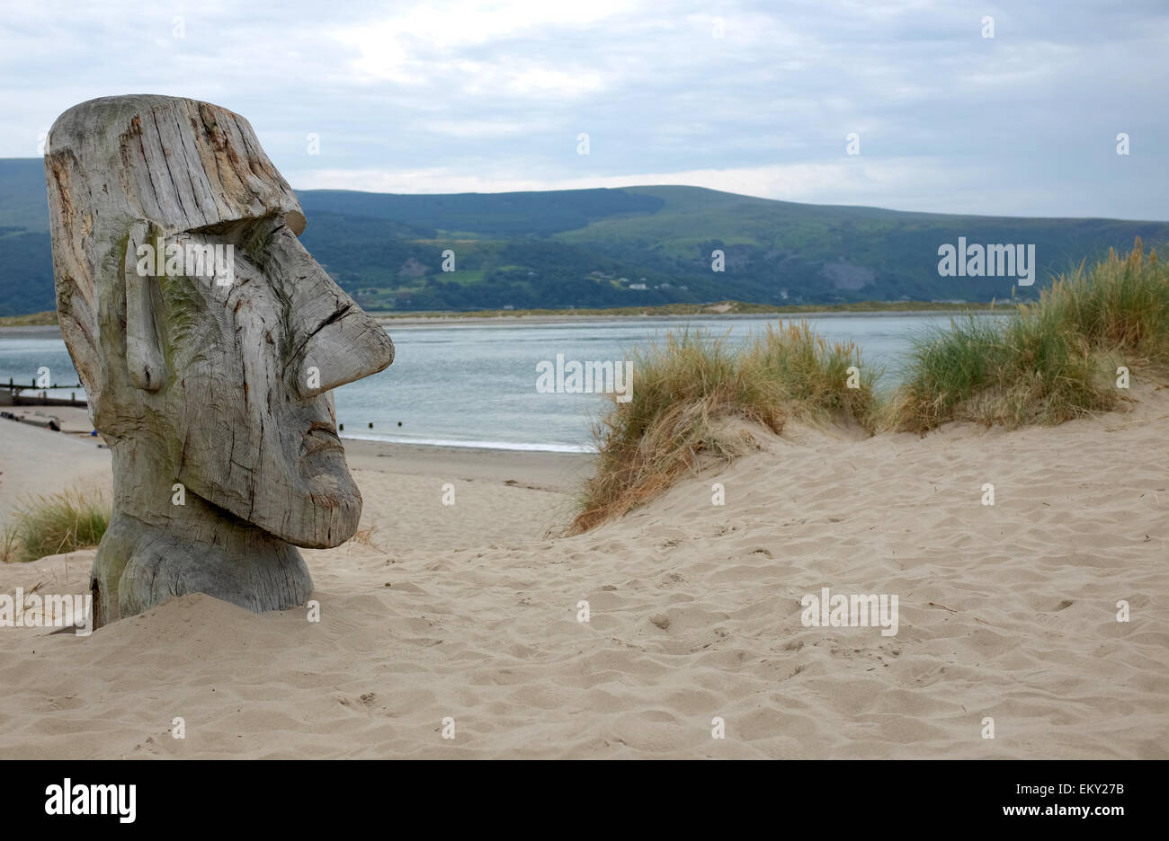 Barmouth North Wales Giant carved wooded head on sand dunes Moai Easter