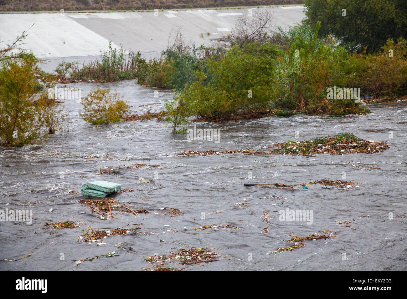 The LA River rises dramatically when a big rainstorm brings much needed water to the Los Angeles area on December 2, 2014. Glend Stock Photo