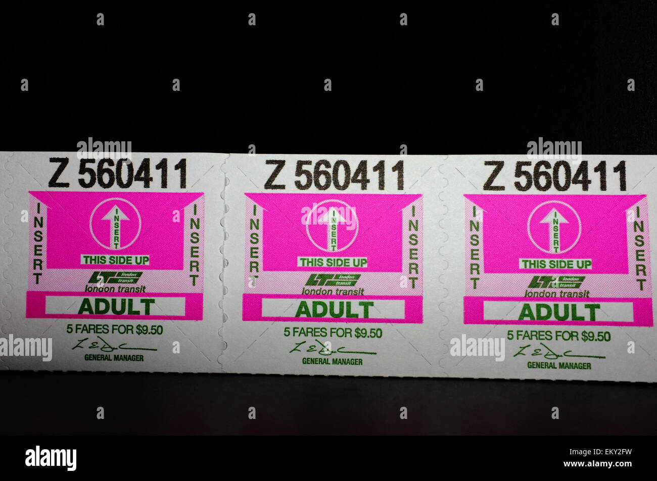 A strip of Canadian adult bus tickets valid in the city of London, Ontario. Stock Photo
