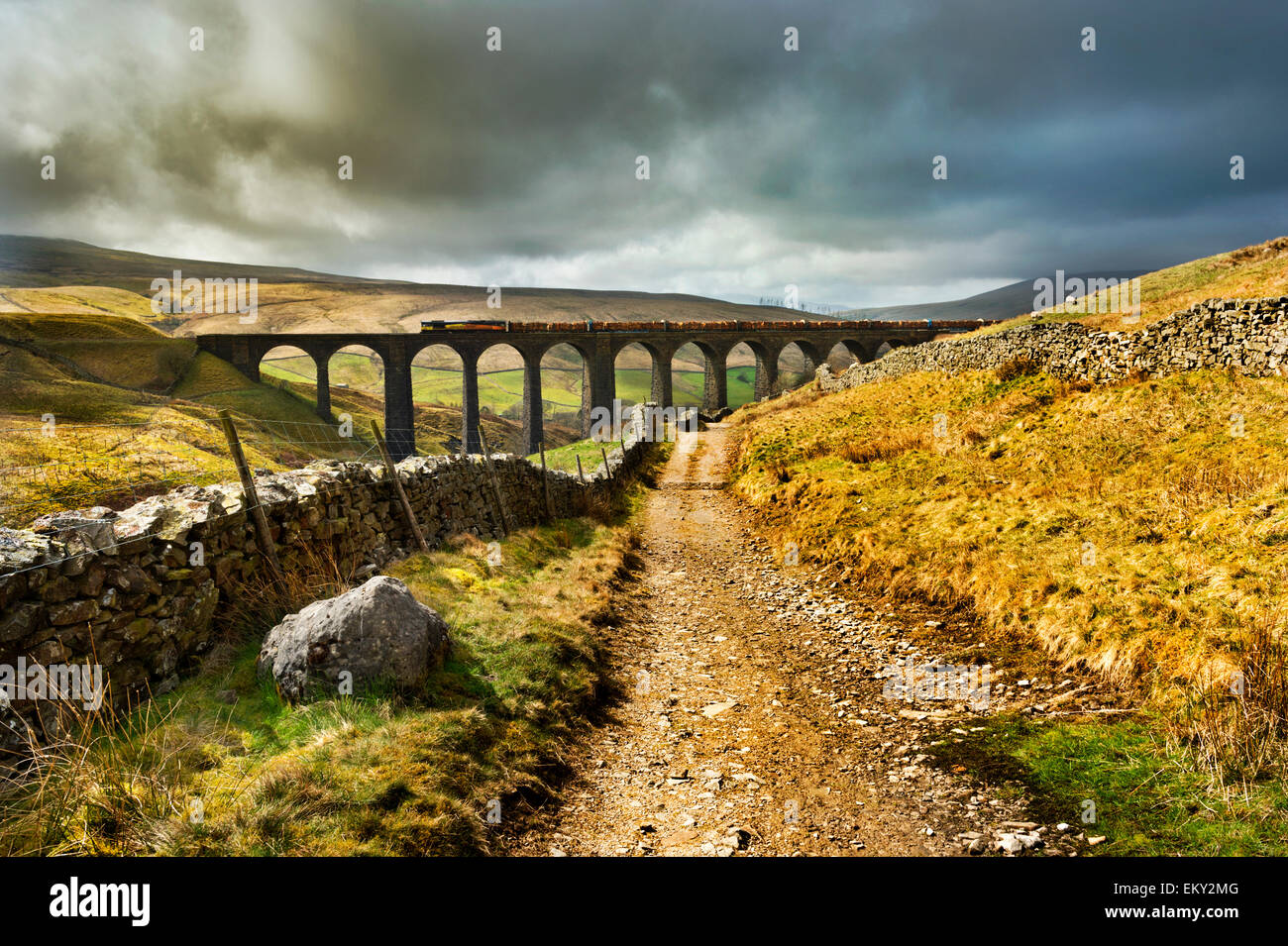 Train carrying logs crosses Arten Gill Viaduct, near Dent. The Settle to Carlisle railway is seen from the Pennine Bridleway Stock Photo