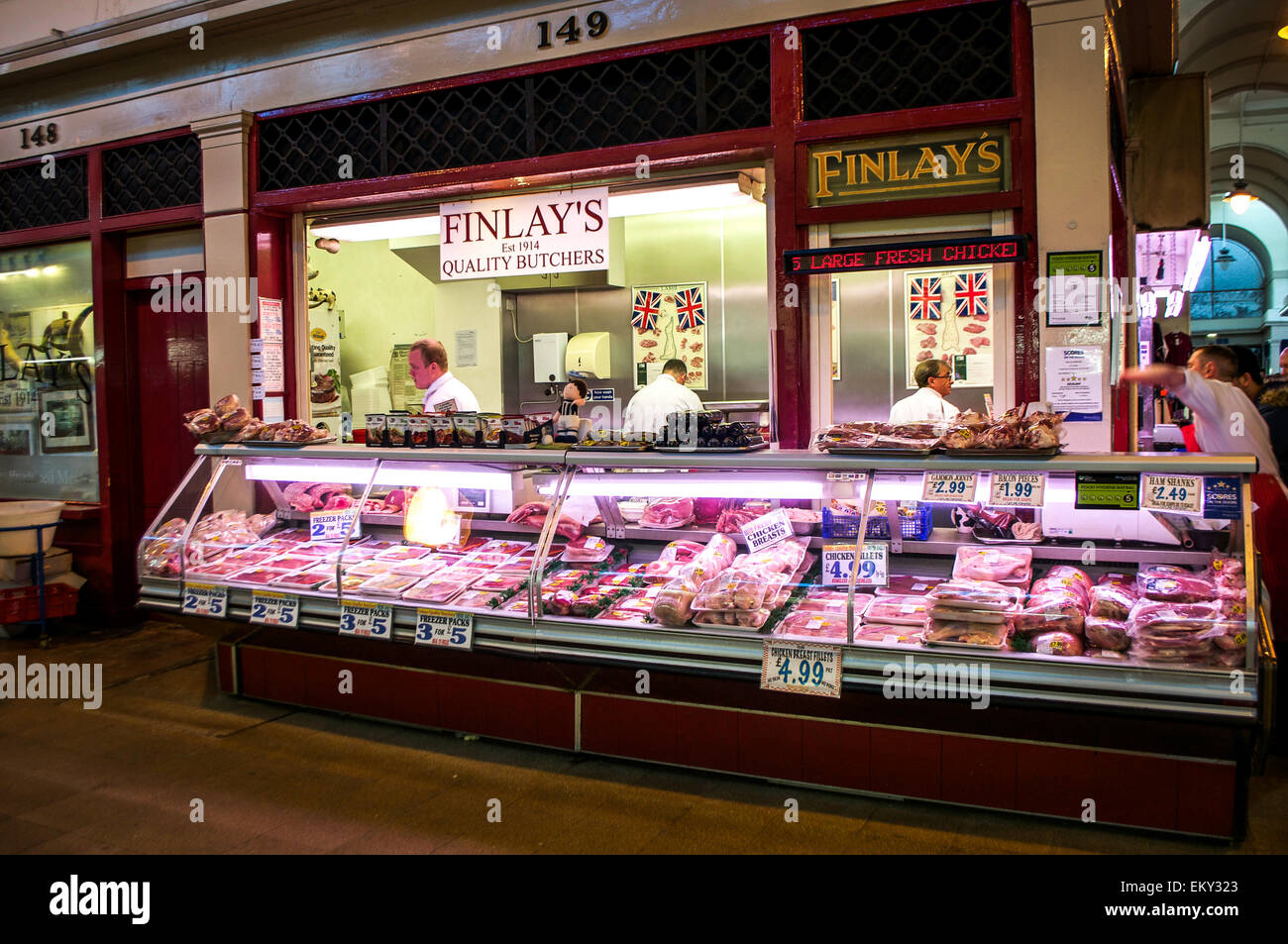Finlay's Butchers, established 1914, operating in the historic Grainger Market in Newcastle, UK. Stock Photo