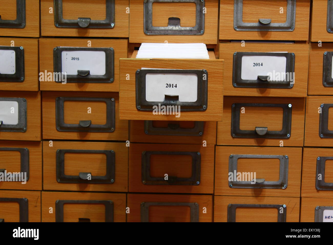 card catalog in the library with an open box Stock Photo