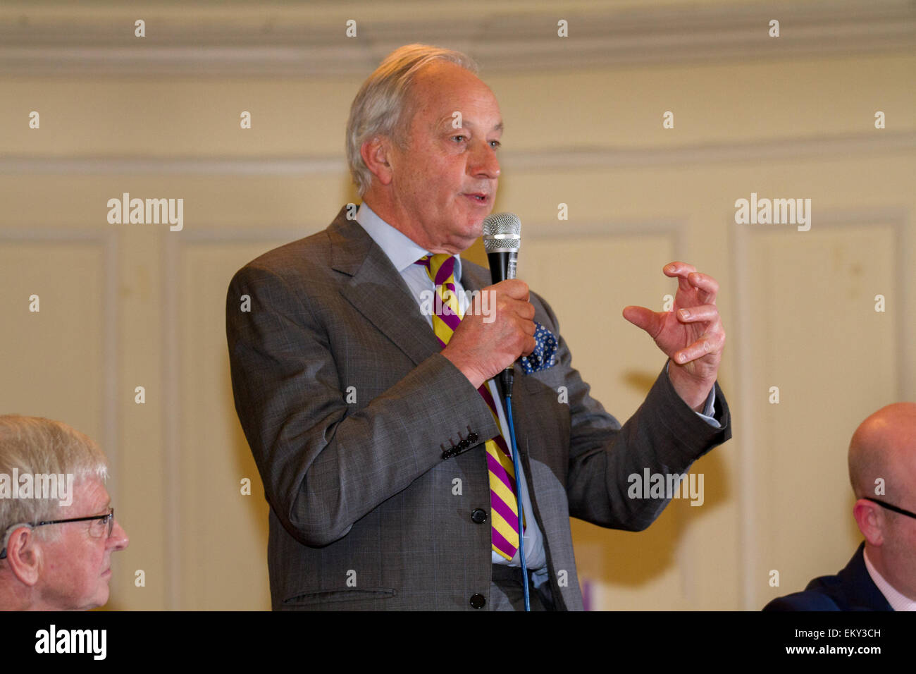 Southport, Merseyside, UK. 14th April, 2015.Neil Hamilton, UKIP Deputy Chairman (previously a controversial Conservative MP) addressing a members pre-election meeting held in the Royal Clifton Hotel. Southport has been earmarked by Ukip as a seat that “interests them greatly”, being a 4-way marginal, in the lead-up to the General Election. Southport is a place where Ukip in the past has come a number of close seconds, but has not yet made a break through in Council elections. Stock Photo