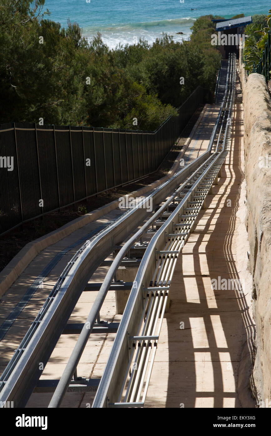 The rails of the free inclined elevator that takes visitors up and down