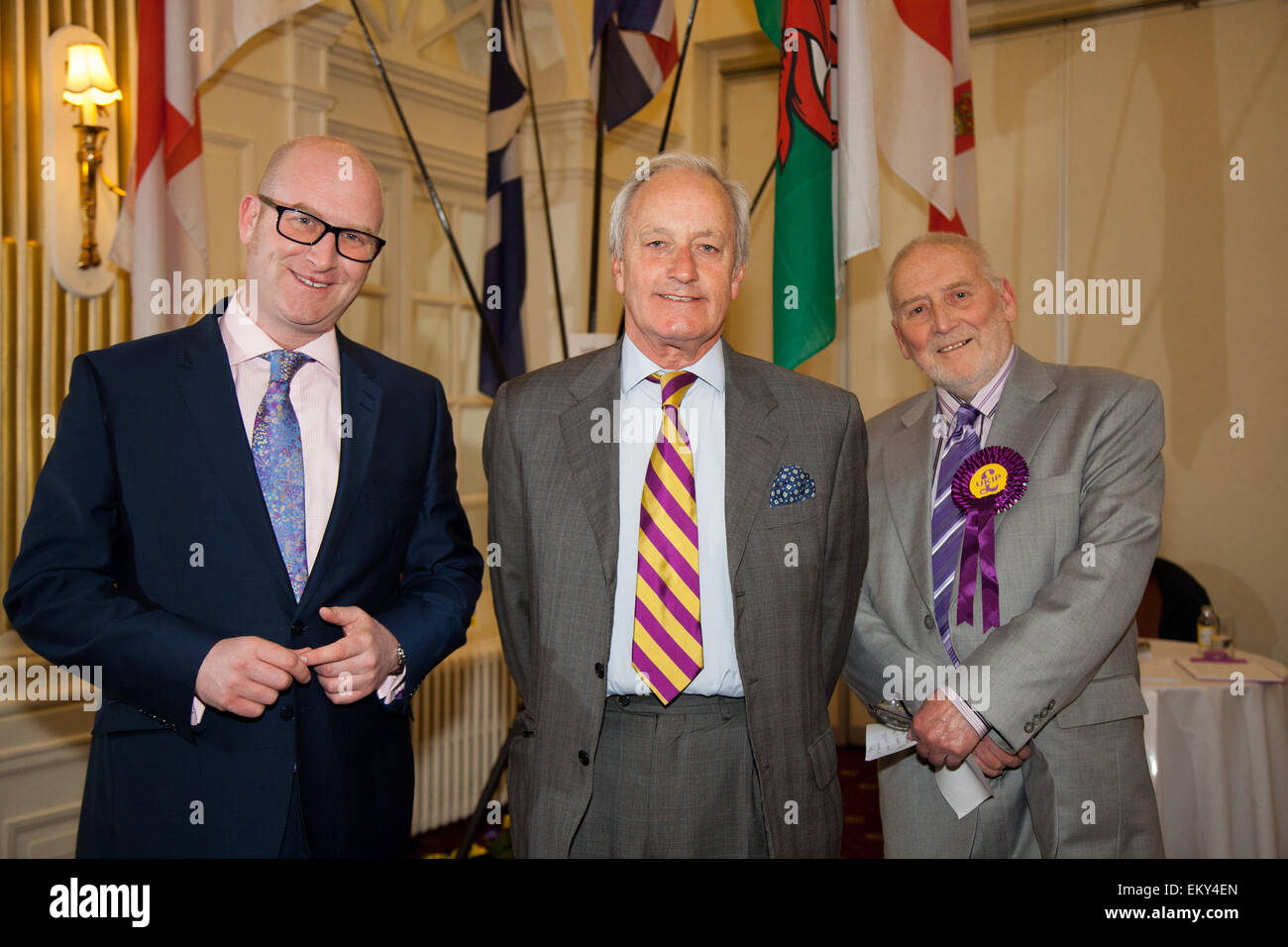 Southport, Merseyside, UK. 14th April, 2015. Paul Nuttall UKIP MEP for North West England, UKIP Deputy leader, with Ukip's parliamentary candidate for Southport, Terry Durrance Leader & Neil Hamilton, UKIP Deputy Chairman addressing a members pre-election meeting held in the Royal Clifton Hotel. Credit:  Mar Photographics/Alamy Live News Stock Photo