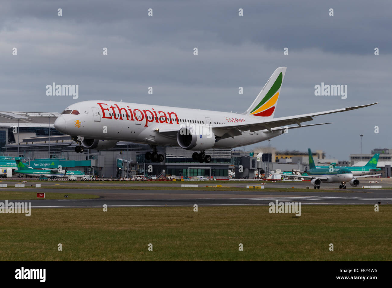 Ethiopian Airlines Boeing 787 Dreamliner ET-ASG landing at Dublin Airport Stock Photo
