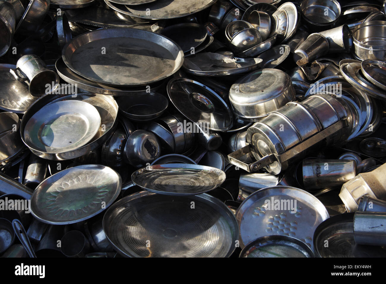 Metal kitchenware sold in an indian market Stock Photo