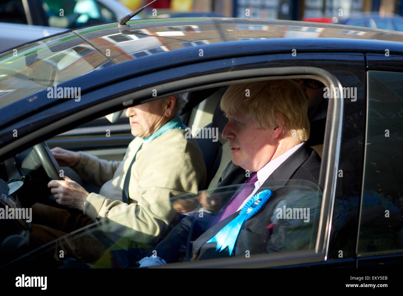 Teddington, Middlesex, United Kingdom. 14 April 2015.  Boris Johnson - the Mayor of London - visits Teddington as part of the Conservatives election campaigning.  He toured around independent shops in the High Street meeting local people, accompanied by Dr Tania Mathias the Conservative parliamentary candidate for Twickenham and also Zac Goldsmith the Conservative MP for Richmond Park. Credit:  Emma Durnford/Alamy Live News Stock Photo