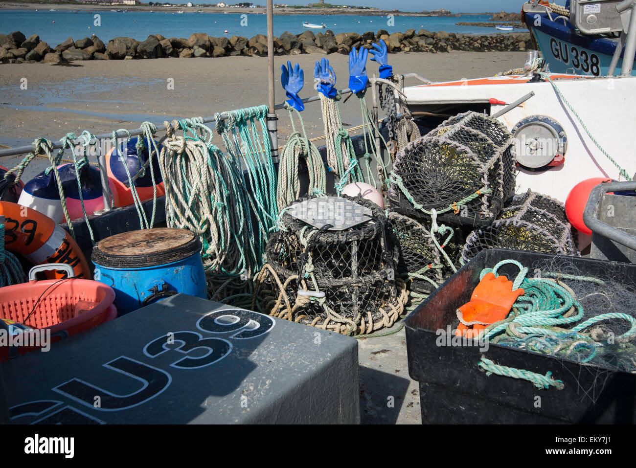 Fishing equipment in small coastal fishing boat. Stock Photo