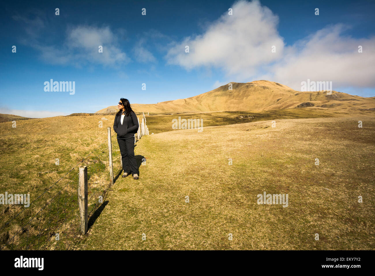 Woman admiring the view on sunny day trekking on mountain moor Stock Photo