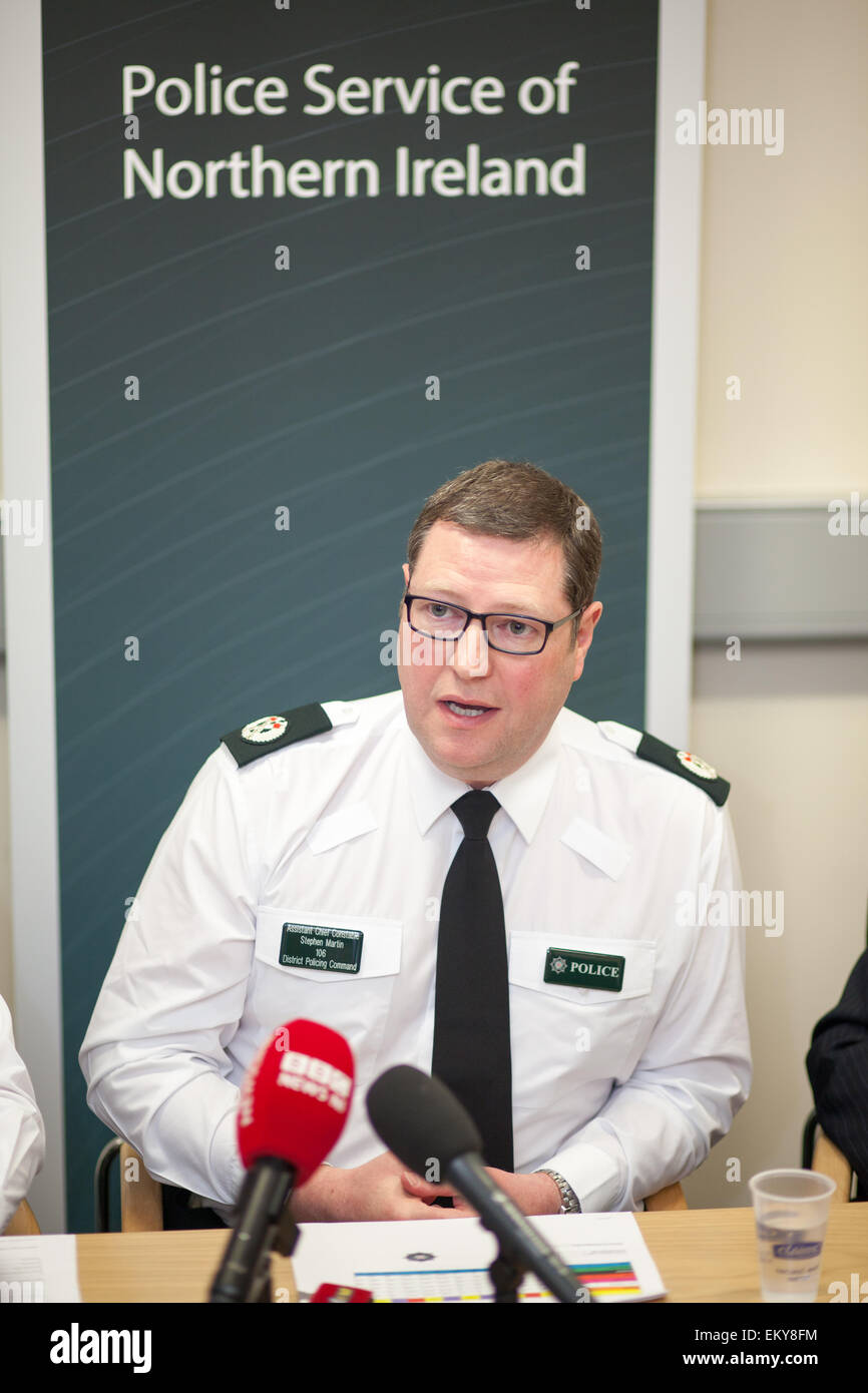 Belfast UK. 14th April 2015. Assistant Chief Constable Stephen Martin speaking at the PSNI Press Conference after escalation of Race/Hate crimes against members of the Polish Community in Belfast Credit:  Bonzo/Alamy Live News Stock Photo