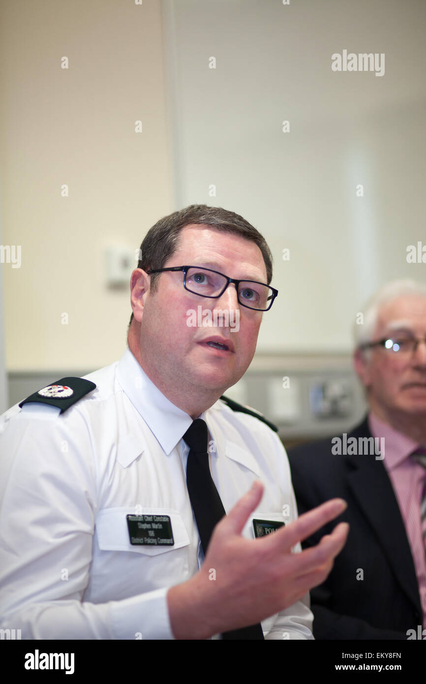 Belfast UK. 14th April 2015. Assistant Chief Constable Stephen Martin speaking at the PSNI Press Conference after escalation of Race/Hate crimes against members of the Polish Community in Belfast Credit:  Bonzo/Alamy Live News Stock Photo