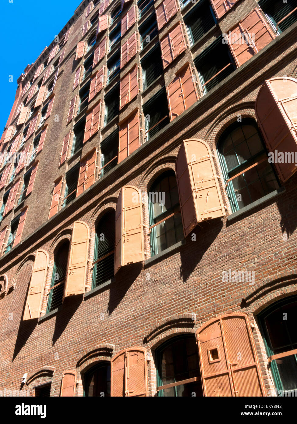 Pink Storm Shutters, The Puck Building, NYC Stock Photo