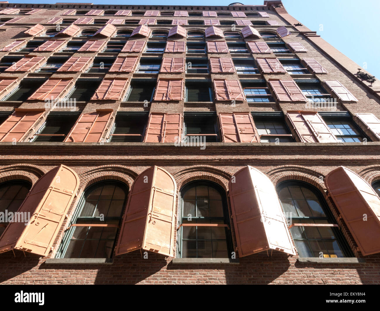 Pink Storm Shutters, The Puck Building, NYC Stock Photo