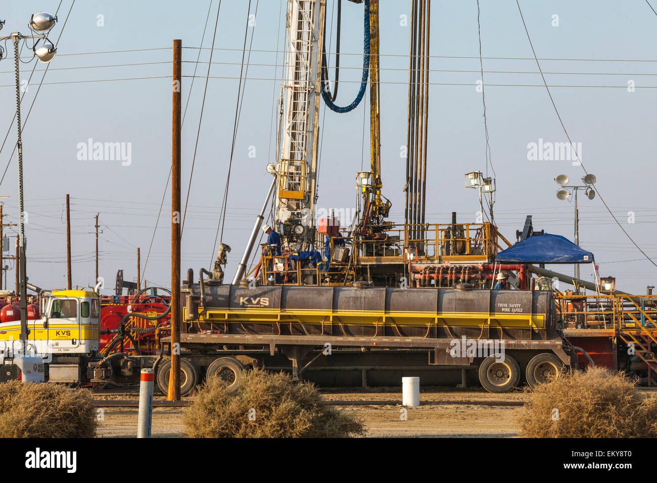 Well stimulation activity on oil well. Lost Hills Oil Field and hydraulic fracking site, Monterey Shale. Kern County, California Stock Photo