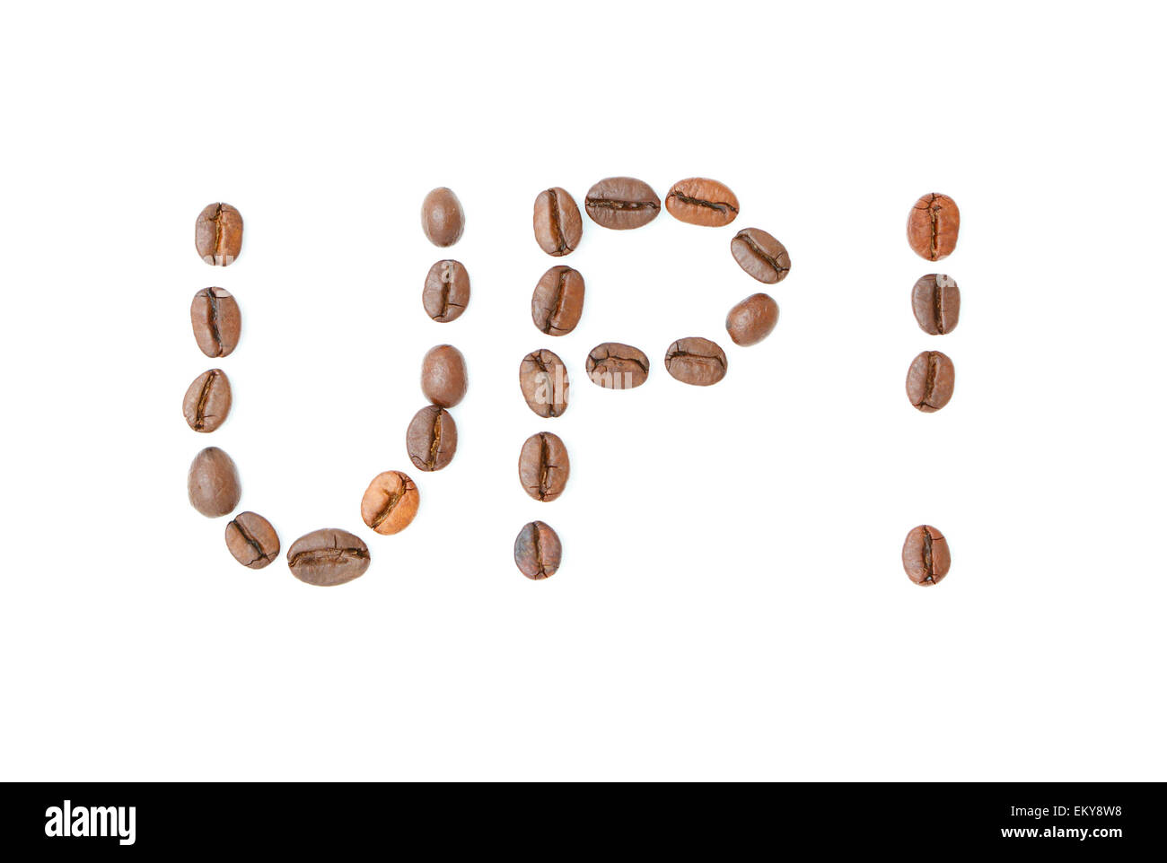 Writing "UP!" made of coffee beans isolated on white background studio shot Stock Photo