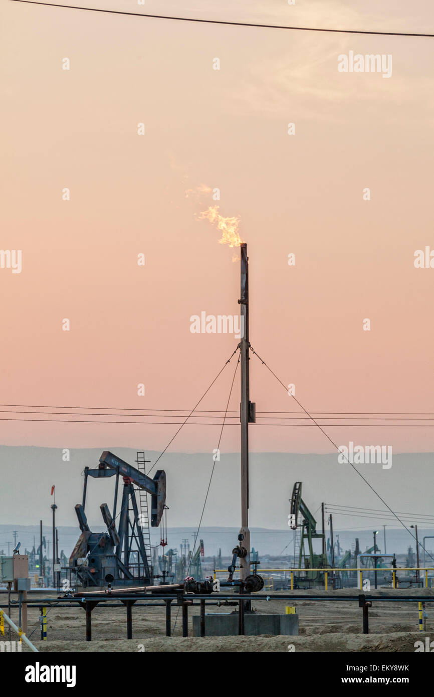Flares burning off gas at Belridge Oil Field and hydraulic fracking