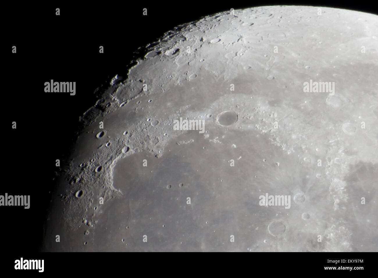 Close-up of the Moon, Sinus Iridum area, night sky Stock Photo