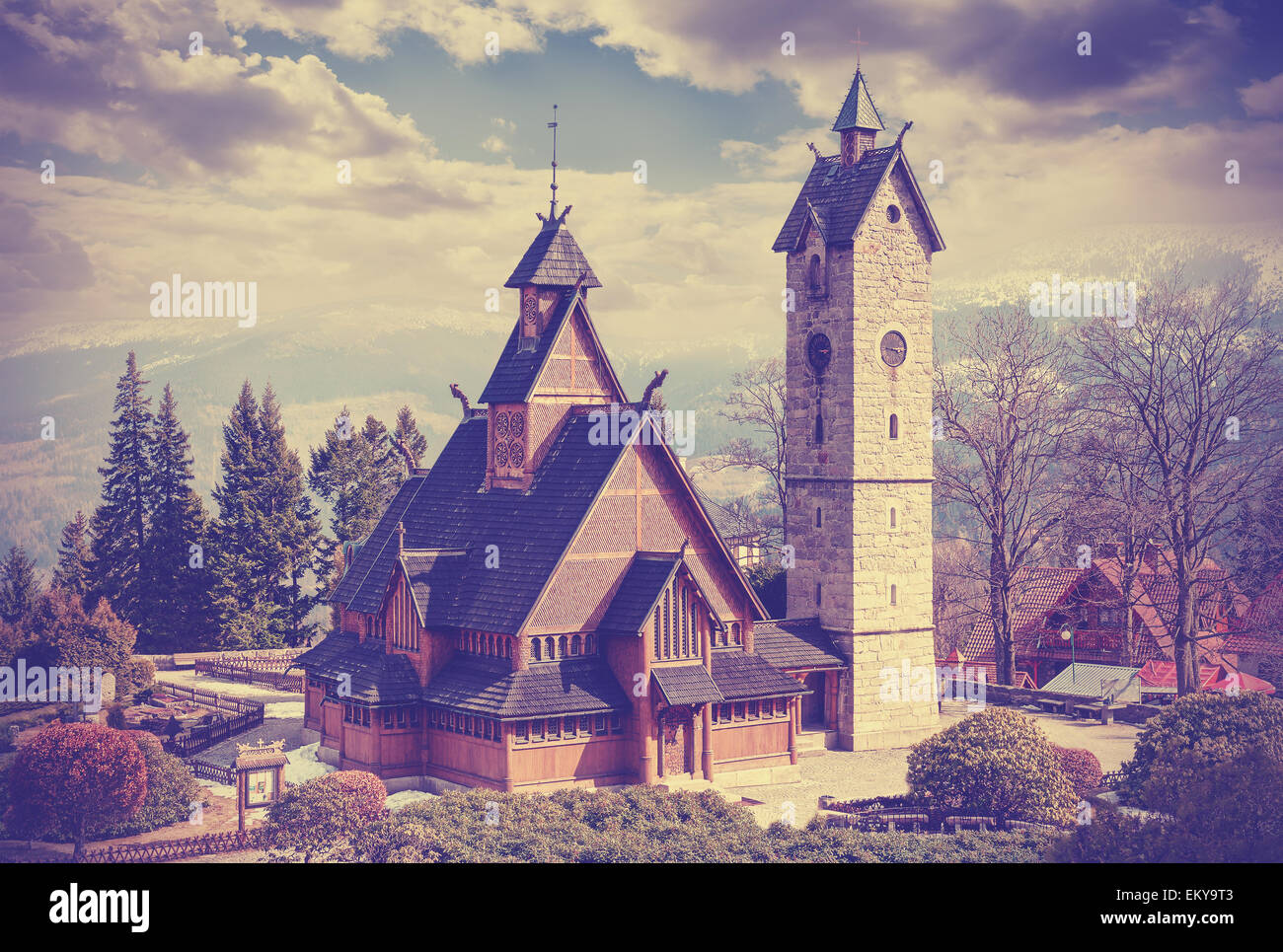 Vintage retro filtered old wooden temple Wang in Karpacz, Poland. Stock Photo