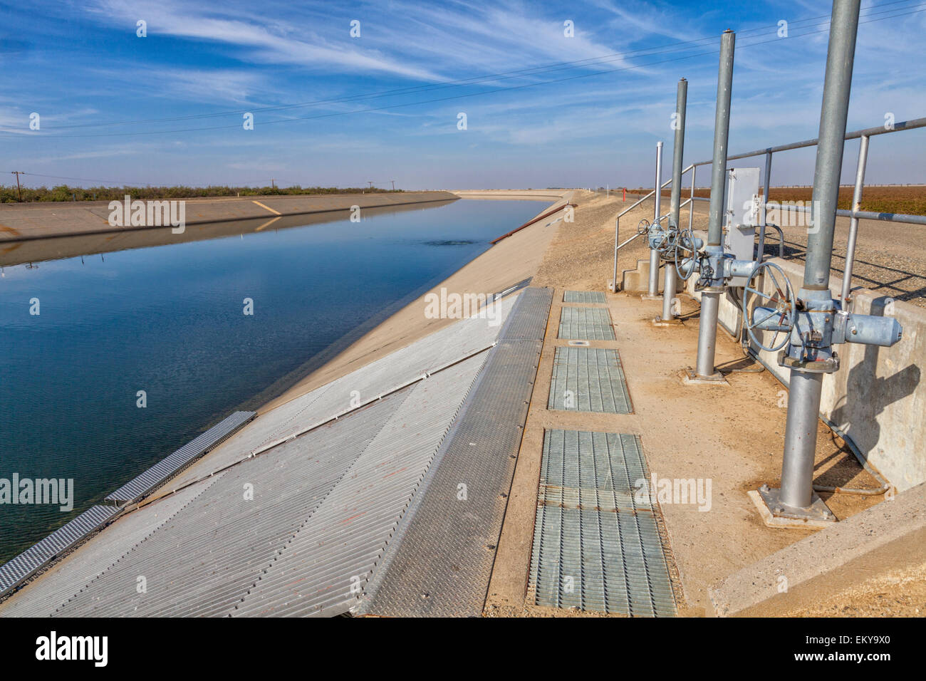 The California Aqueduct is a 444 mile canal, part of the California State Water Project, Fresno County Stock Photo