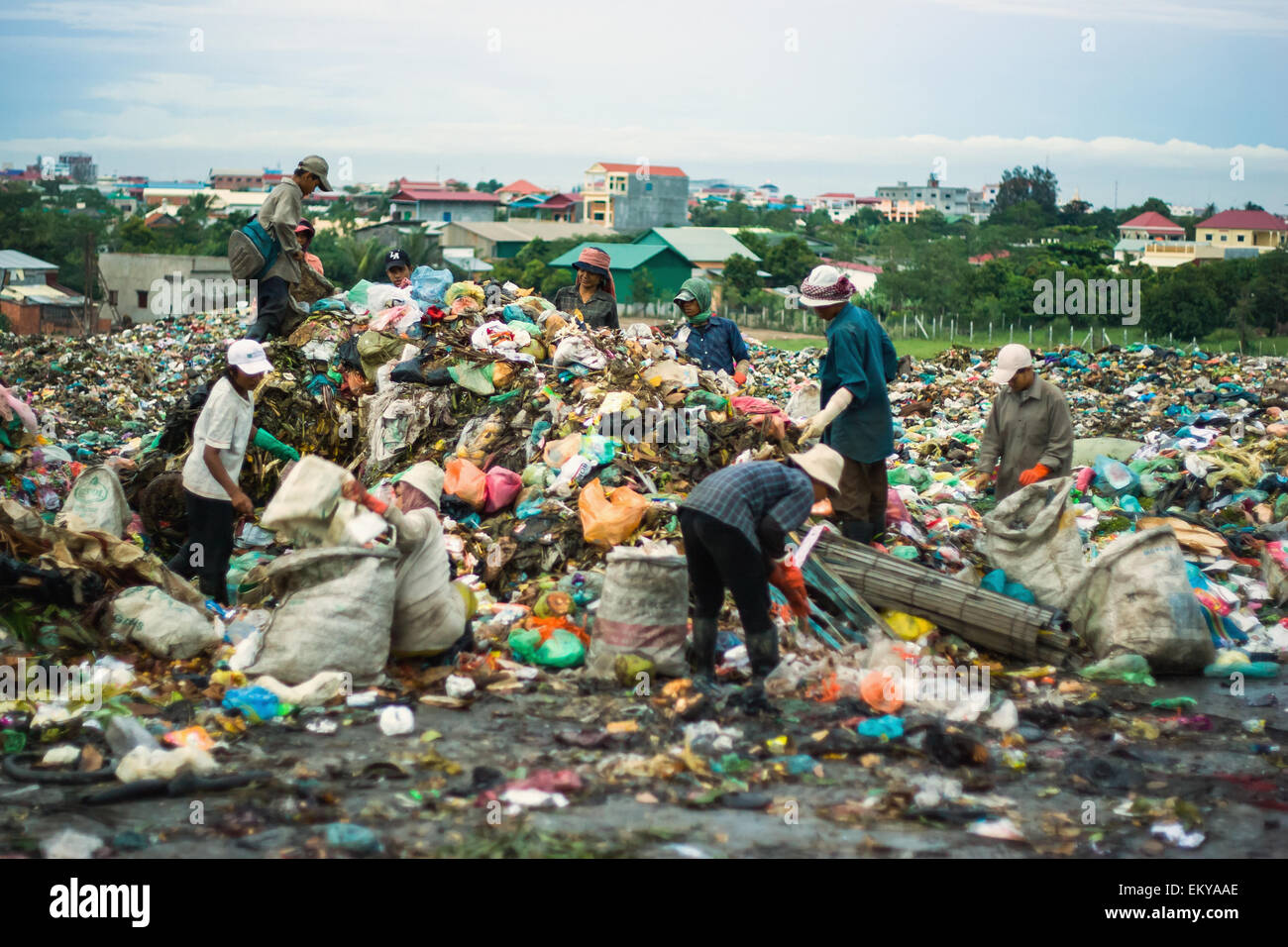 Cambodia, People looking through dumped trash at dump site; Phnom Penh Stock Photo