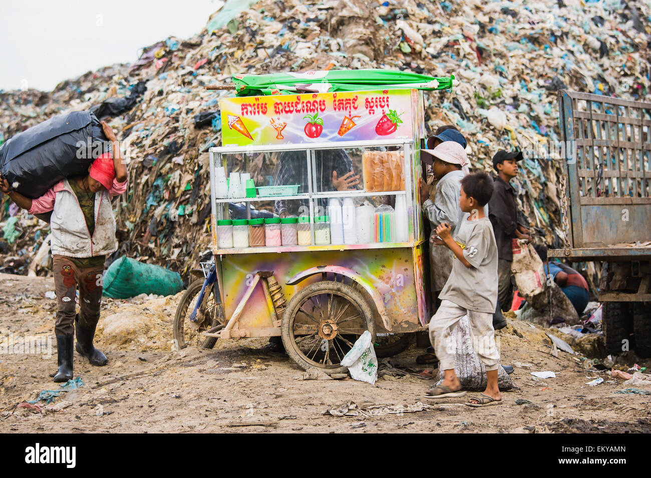 Cambodia, Refreshment stand at city trash dump; Phnom Penh Stock Photo
