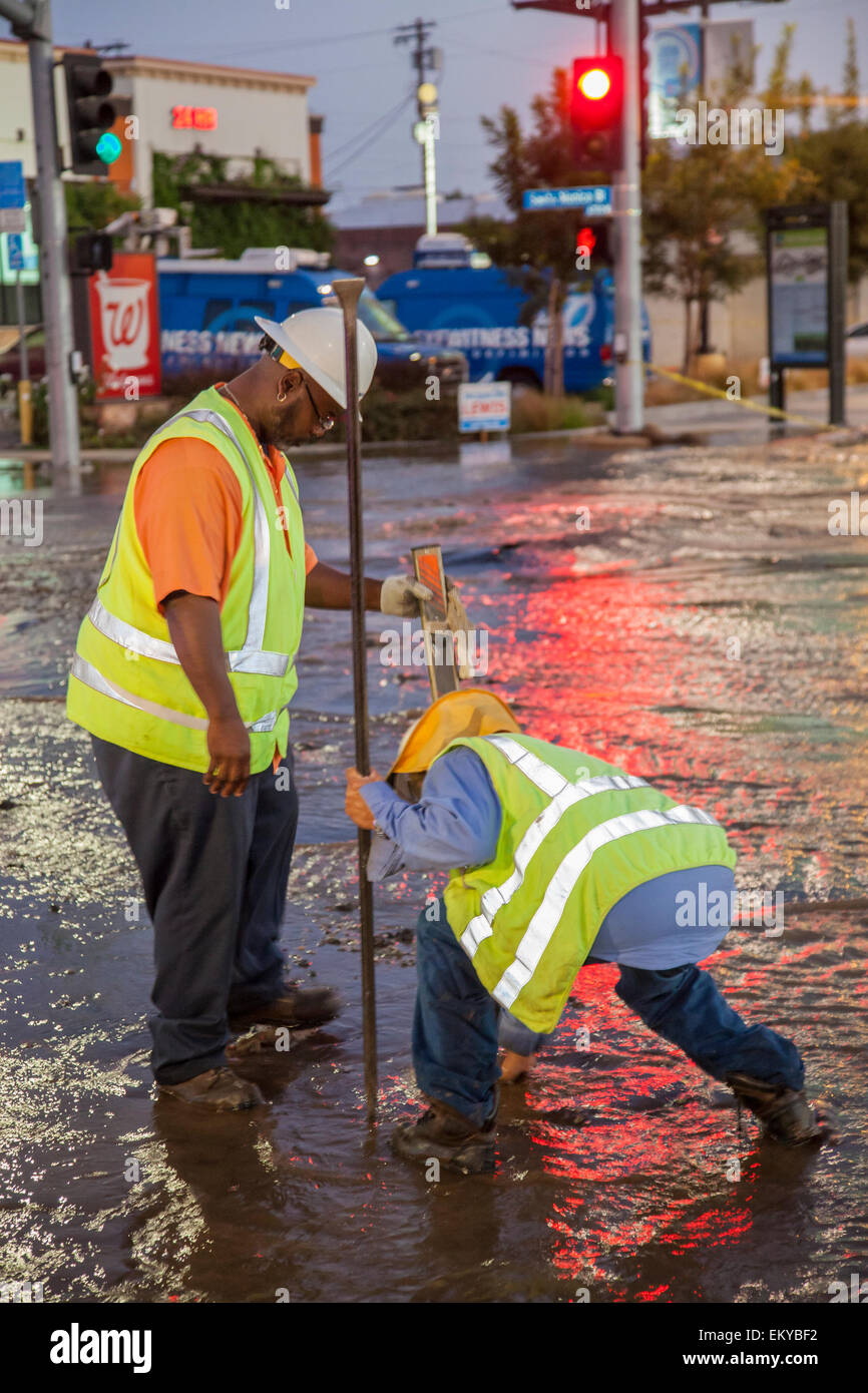 Water main break at Santa Monica Blvd. and HIghland in Hollywood on Oct 27, 2014. Stock Photo