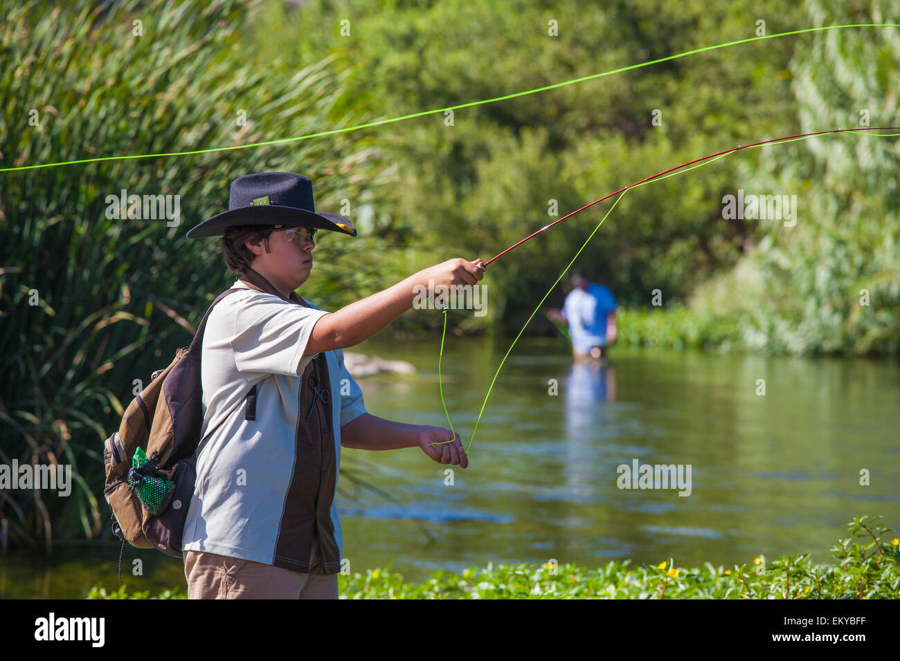 Kids and those wishing to learn to fish attend The first annual Off tha’ Hook fly fishing event, Los Angeles River Stock Photo